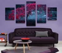 Lizhanmin 5ชิ้น Unframed Red Tree In The Night ทิวทัศน์ที่สวยงามภาพผ้าใบ Wall Art HD พิมพ์ภาพวาด-เหมาะสำหรับห้องนั่งเล่นตกแต่งบ้าน