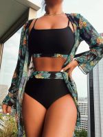 Sexy New High Waist 3Pcs Bikini With Cover Up Swimwear Women 2023 Print Push Up Swimming Quínis Female Pad Trajes De Baño Mujer