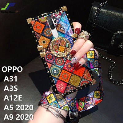 JieFie สำหรับ OPPO A5 2020 A9 2020 OPPO A31 OPPO A3S A12E Blu-Ray สไตล์ชาติพันธุ์เคสโทรศัพท์ Luxury Square กันกระแทกฝาหลัง + ขาตั้งโทรศัพท์และเชือกเส้นเล็ก