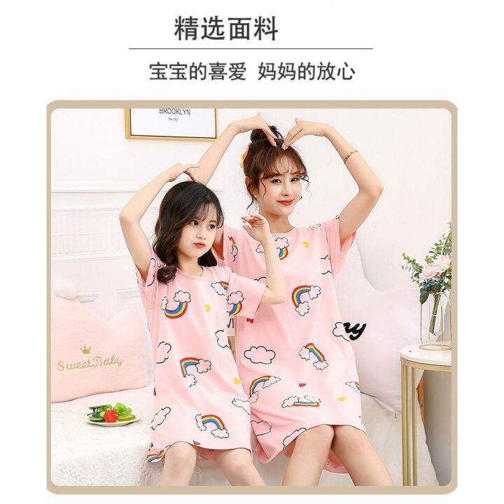 ready-stock-cotton-kids-dress-korean-girl-nightdress-short-sleeve-kids-pyjamas-girl-pajamas-parent-child-dress-baby-girl-dress-mom-dress-mother-and-daughter-sleepwear-nightwear-kids-sleepwear