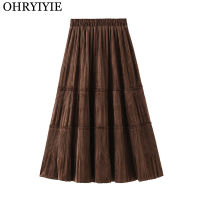 OHRYIYIE Solid Color Female Vintage Long Velvet Pleated Skirt Women Autumn Winter Elegant Fashion Ladies High Waist A line Skirt