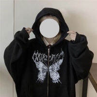 ผู้หญิง Hip Pop Zip-Up Goth Hoodies Retro Punk ผีเสื้อพิมพ์เสื้อแจ็คเก็ต