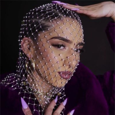 Luxury Rhinestone Head Scarf Crystal Hollow Mesh Headpiece Cover Face Jewelry For Women Bling Diamond Headscarf Veil Nightclub Headbands