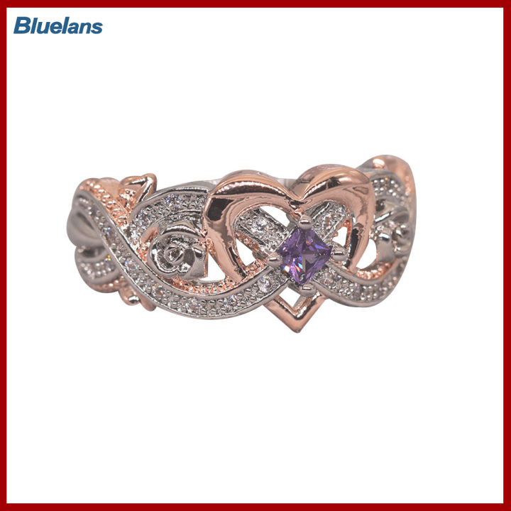 Bluelans®ของขวัญเครื่องประดับแหวนดอกไม้หมั้นงานแต่งงานรูปหัวใจอเมทิสต์เทียมสำหรับผู้หญิงแฟชั่น