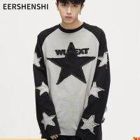 EERSHENSHI เสื้อยืดแขนยาวลายดาวเสื้อวินเทจอเมริกันไฮสตรีทเสื้อวอร์มสำหรับผู้ชาย