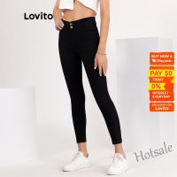 【hot sale】♨ D19 Lovito Casual Double Button Pocket Leggings L18X049 (Black) Lovito Legging Kasual Saku Kancing Ganda L18X049 (Hitam)