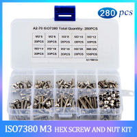 280PCS 304 Stainless Steel ISO7380 M3 Hex Socket Head Button Allen Bolt Screw Assortment Kit Pan Head Hex Screw and Nylon Nut