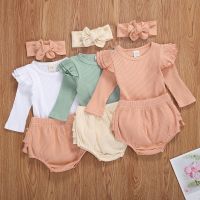 3Pcs Autumn Newborn Baby Girls Clothes Fashion Ribbed Long Sleeve T-shirt+Casual Pants+Headband Cotton Infant Clothing Outfits  by Hs2023