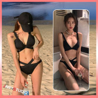 บิกินี่สีดำBikini ทูพีชสไตล์เกาหลี ผ้าเนื้อดี ไขว้สายบราได้หลายแบบ พร้อมส่ง