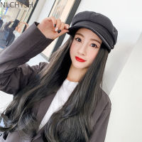 Net celebrity live wig hat autumn and winter ladies cotton and linen octagonal hat plus wig two-piece Korean casual cap