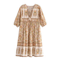 Bohemia Tassel Lacing up V neck Location Flower Print Midi Dress BOHO Woman 34 Sleeve Loose Holiday Dresses Beach Robe