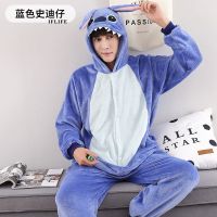 ผู้ใหญ่สัตว์ Kigurumi Stitch ชุดนอนชุดนอนคอสเพลย์ซิป Onesie Hooded ผู้หญิงผู้ชายฤดูหนาว Unisex การ์ตูนชุดนอน