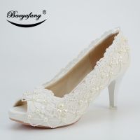 ⊕ BaoYaFang Women 39;s Summer Shoes Woman 8cm Thin heel Peep Toe Wedding shoes Bride Open Toe Ladies White Lace Pumps party shoes