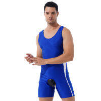 Mens Leotard Crotchless เปิดก้น Jumpsuit ชุดนอนสีบล็อก Patchwork Slim Fit Catsuit U คอแขนกุดบอดี้สูท