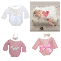 Newborn Photography Props Baby Lace Rompers with Flower Headband Lightweight Skirt for Girl Princess Birthday Party Sets  Packs