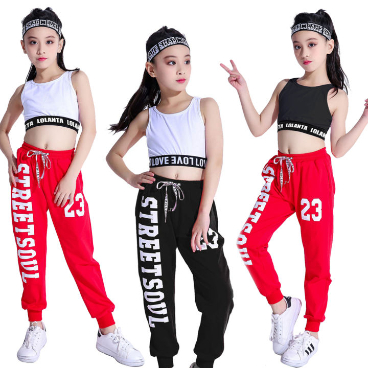 Girls Cotton Letter Crop Top Sport Suit For Dance And Hip Hop Kids