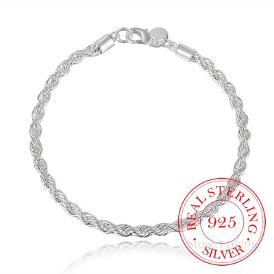 Real Original 925 Sterling Silver Bracelets on Hand Simple 4mm Twist Rope Chain Bracelets Bangles For Men Women Jewelry Gift
