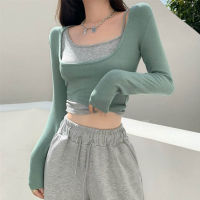 T-shirt Womens Irregular Short Slim Long Sleeve Bottoming Shirt  Autumn New Tights Two-piece Suit