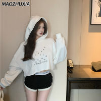 เสื้อกันหนาวผู้หญิง MAOZHUXIA เสื้อฮู้ดแขนทรงหลวมยาวพิมพ์ลายตัวอักษรสีขาวเสื้อสวมหัวเสื้อเรโทร