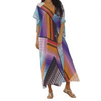 ผู้หญิงแขนสั้น Boho Kaftan สีสัน Boho พิมพ์บิกินี่ชุดว่ายน้ำ Cover Up Casual หลวม Beach Long Dress