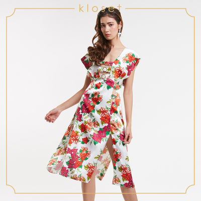 Kloset Floral Print Midi Dress With Front Slit(SS20-D006)ชุดเดรส ชุดเดรสแขนกุด ชุดเดรสสั้น ชุดเดรสผ้าพิมพ์ ชุดเดรสแฟชั่น