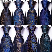 ▤∋ Hi-Tie Navy Blue Solid Paisley Silk Wedding Tie For Men Hanky Cufflinks Mens Necktie Set Business Party New Design Dropshipping