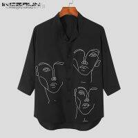 ✻⊙❂ Men Shirt Printed Collar 3/4 Sleeve Breathable Fashion Clothing 2023 Streetwear Leisure Camisas S-3XL