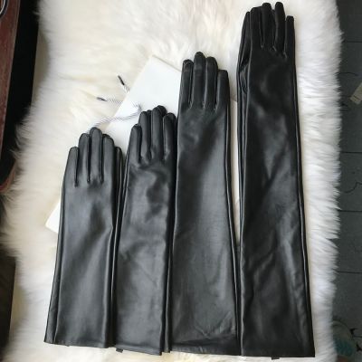 Womens Genuine Leather S Black Long Sheepskin  Over Elbow 4050Cm Ladies Mittens Winter Velvet Warm Fashion Arm Sleeve