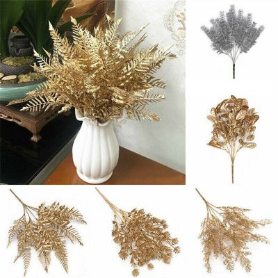 【cw】 Artificial Fake Leaves GoldPlasticPlants FoliageFlowers ChristmasWedding GardenVase Decor