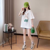 COD SDFGERTYTRRT Cotton Short-sleeved Round Neck T-shirt Women Summer Mid-length Loose Large Size Embroidered Top Cartoon Rabbit Oversized Tee