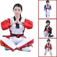 KPY-002คุณภาพดีมากชุดเทควันโดสีฟ้า WTF Tae Kwon Do ชุดสูทคอวีสีแดงหมวกเกราะกันกระแทกสี TKD สำหรับเด็ก