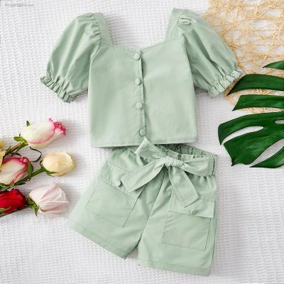Girls suits summer two-piece sen is a hot style fashion green childrens wear short sleeve shorts little girl whole
