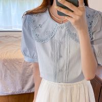 ☾┋▧ 51700 Flower Hollow Lapel Short Sleeve Shirt