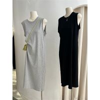 COD Gray vest t-shirt womens summer long style loose casual slim dress with sleeveless dress straight bottomed skirt