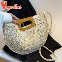 Yogodlns Minimalist Straw Bag for Women Summer Half-moon Beach Handbags Rattan Handmade Kintted Handle Bags Bolsas