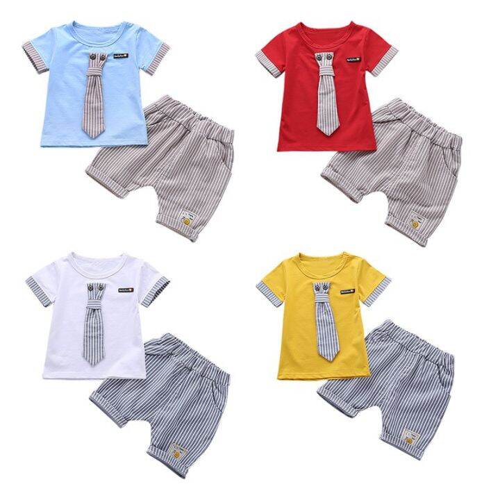 kids-boy-fake-tie-short-sleeve-cotton-t-shirt-stripe-shorts