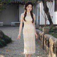 Elegant Mandarin Collar แขนสั้นผู้หญิงชีฟอง Qipao ฤดูร้อนเซ็กซี่เย็บปักถักร้อยลูกไม้ Cheongsam จีน Daily Dress