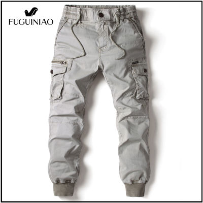 FUGUINIAO กางเกงคาร์โก้ผู้ชาย,กางเกงลำลองผ้าฝ้ายขายาวแบบทหารชุดวอร์มทำงานยุทธวิธีไซส์ใหญ่พิเศษ