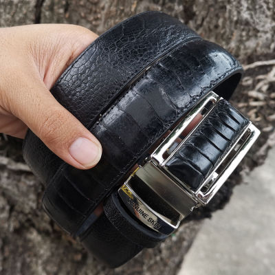 You Link Free Shipping Belt &amp; Buckle เพื่อความพากภูมิใจของเอกบุรุษเช่นคุณ เข็มขัดหนังแท้ เกล็ดแข้งของนกกระจอกเทศ ยาวตลอดเส้น สีดำ