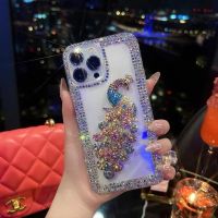 เคสโทรศัพท์ลายนกยูงเงาวับบลิงหรูหราสำหรับ iPhone 11 12 13 14 15 Pro Max 12 13 X XR XS 7 8 Plus ฝาหลังพลอยเทียม