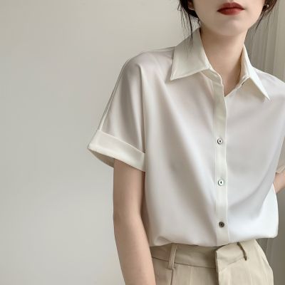 Shell button satin white shirts with short sleeves female Japanese summer loose hang down feeling joker little clothing shirt