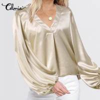 Celmia y Deep V-neck Women Blouses 2021 Autumn Satin Slik Tops Elegant Casual Long Lantern Sleeve Fashion Tunic Party Shirts