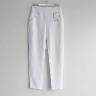 กางเกงสีขาวแฟชั่นผู้หญิงขายาวมีไซส์ใหญ่ white pants เป็นเอวยางยืด มีกระเป๋า รุ่น9108#   ผ้านุ่มได้ใส่สบาย ส่งไว