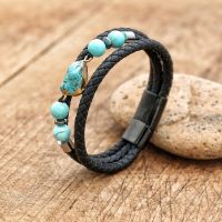 【YF】 Fashion Women Men Stainless Steel Charm Magnetic Bracelet Natural Turquoise Stone Leather Punk Rock Bangles Jewelry Accessories