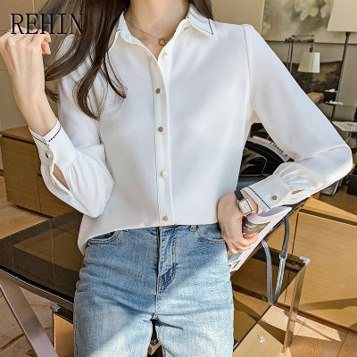 REHIN เสื้อเชิ้ตผู้หญิงผ้าชีฟองคอปกสีขาวใหม่แฟชั่นสไตล์เกาหลีเสื้อแขนยาวซอกดีไซน์หรูหราฤดูใบไม้ผลิ