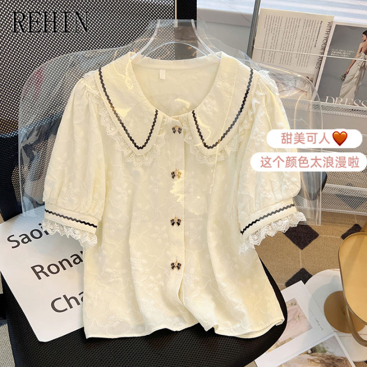 rehin-เสื้อผู้หญิงคอตุ๊กตาเรโทรฝรั่งเศสเสื้อเสื้อลายลูกไม้2023ฤดูร้อนการออกแบบความรู้สึกทันสมัย