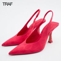 TRAF ผู้หญิงปั๊ม Slingback รองเท้าส้นสูง2023ผู้หญิงส้นกริชชี้นิ้วเท้าส้นสุภาพสตรีสีเขียวสำนักงานงานแต่งงานรองเท้าเจ้าสาว