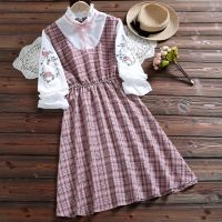 ready stock korea new sweet embroidery plaid long sleeve bow dress