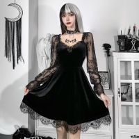 ♚✿▩ Gothic Aesthetic Vintage Dresses Women 39;s Lace Patchwork Grunge Black Velvet Dress Long Sleeve A-line Autumn Night Party Vestido