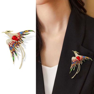 Temperament Phoenix Brooch Exquisite Rhinestone Long Tail Phoenix Crystal Pins Color Painted Oil Suit Accessories Jewelry Gift
